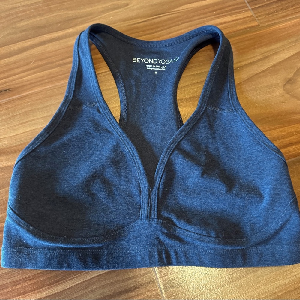 Beyond Yoga Spacedye Lift Your Spirits Sports Bra in Nocturnal Navy.